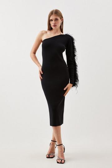 Black Viscose Blend One Shoulder Feather Detail Knit Midi Dress