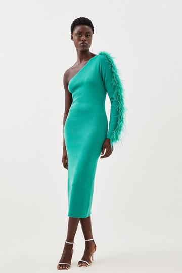 Viscose Blend One Shoulder Feather Detail Knit Midi Dress green