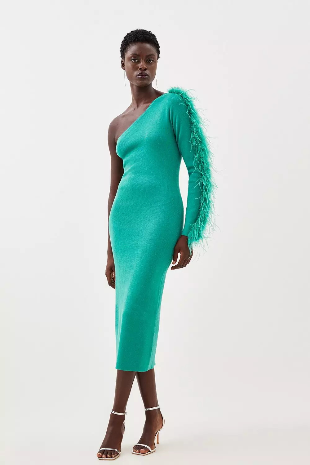 Viscose Blend One Shoulder Feather Detail Knit Midi Dress | Karen Millen