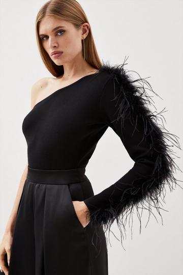 Black Viscose Blend One Shoulder Feather Detail Knit Top