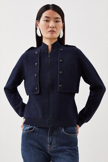 Navy Compact Wool Blend Military Knit Jacket