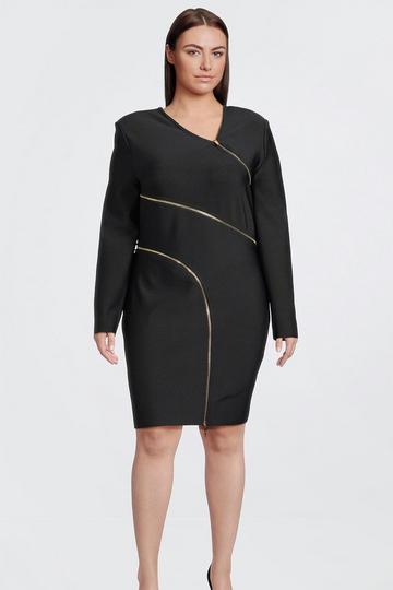 Black Plus Size Figure Form Bandage Zip Detail Mini Dress