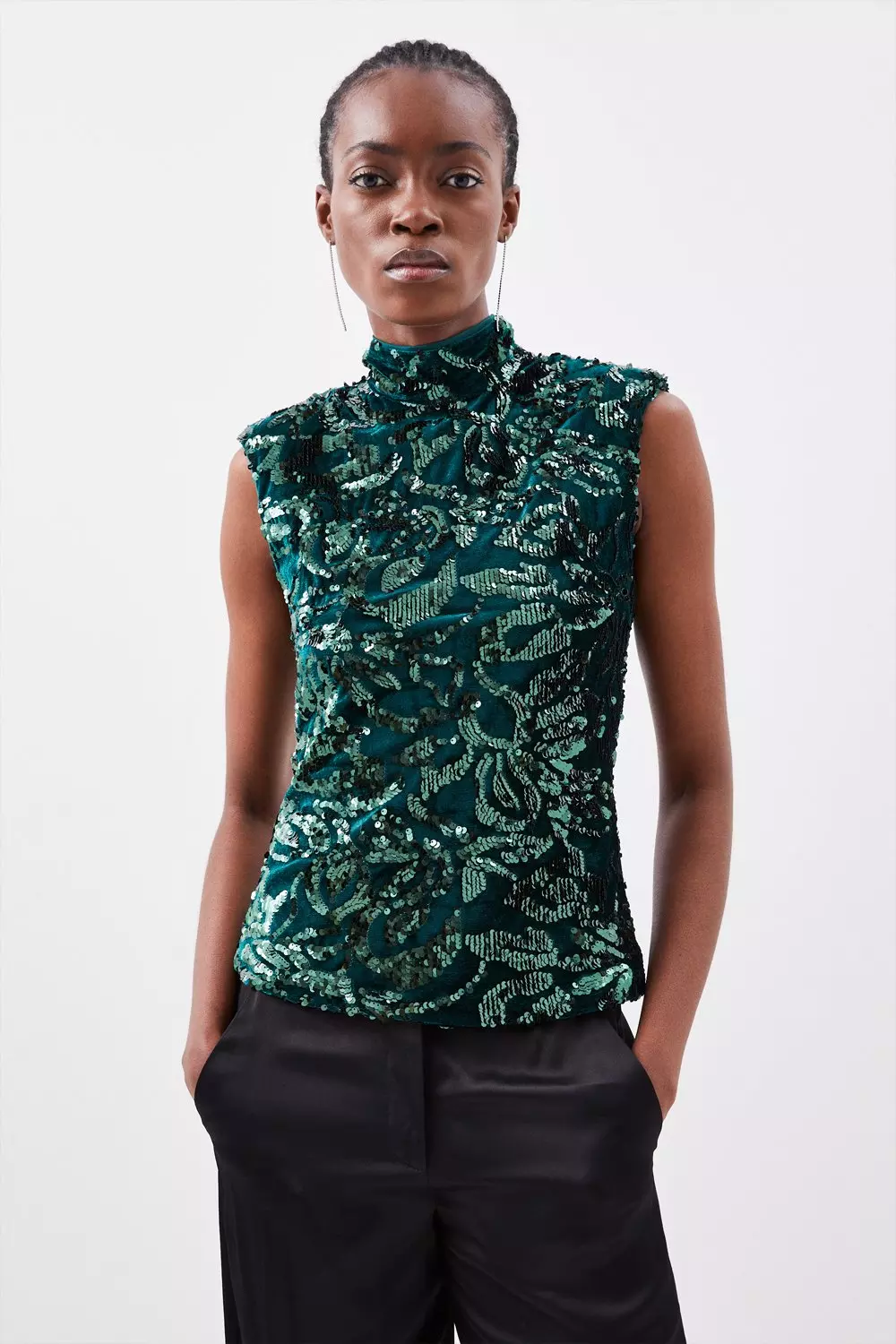 Sequin High Neck Velvet Woven Top | Karen Millen