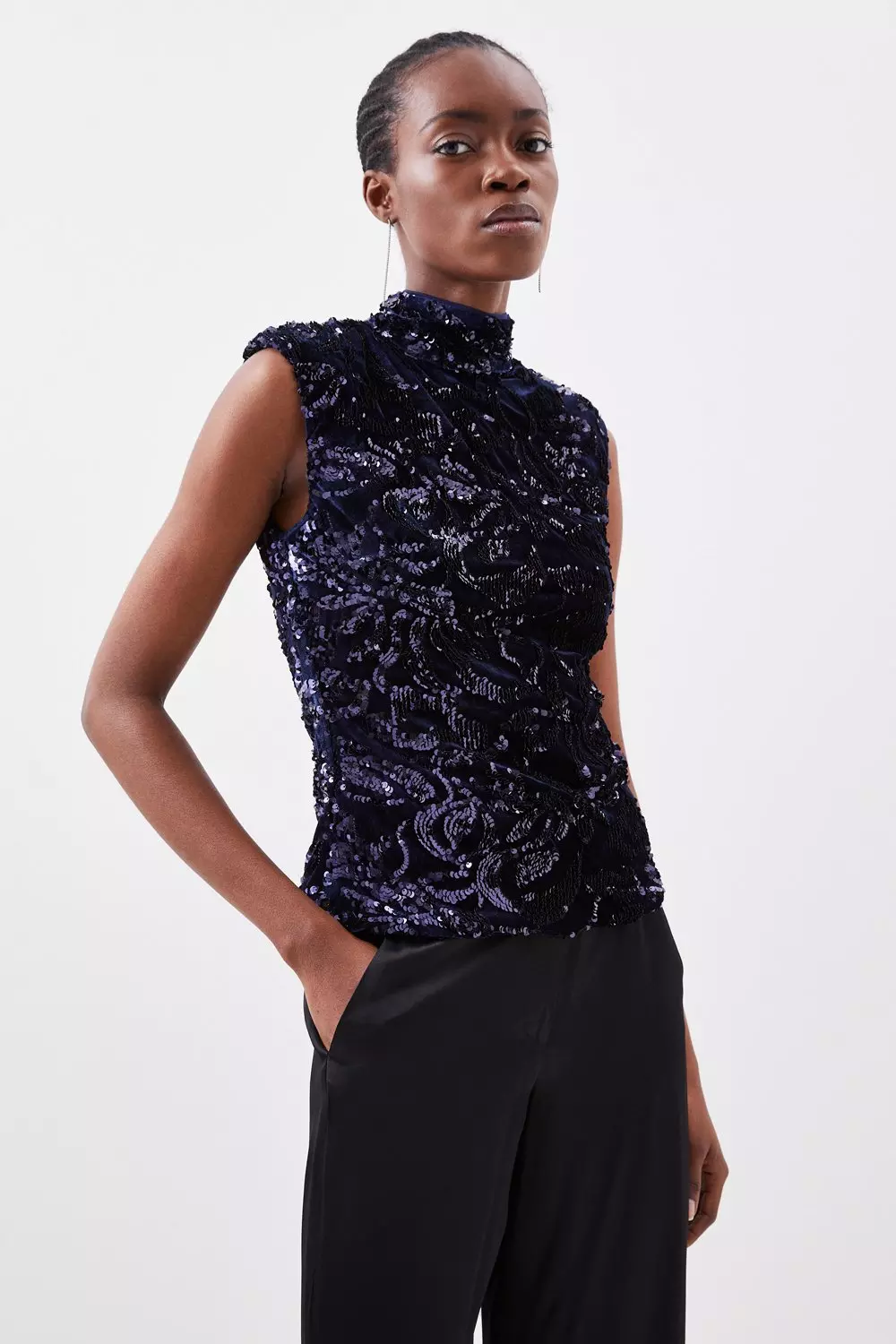 Sequin High Neck Velvet Woven Top | Karen Millen