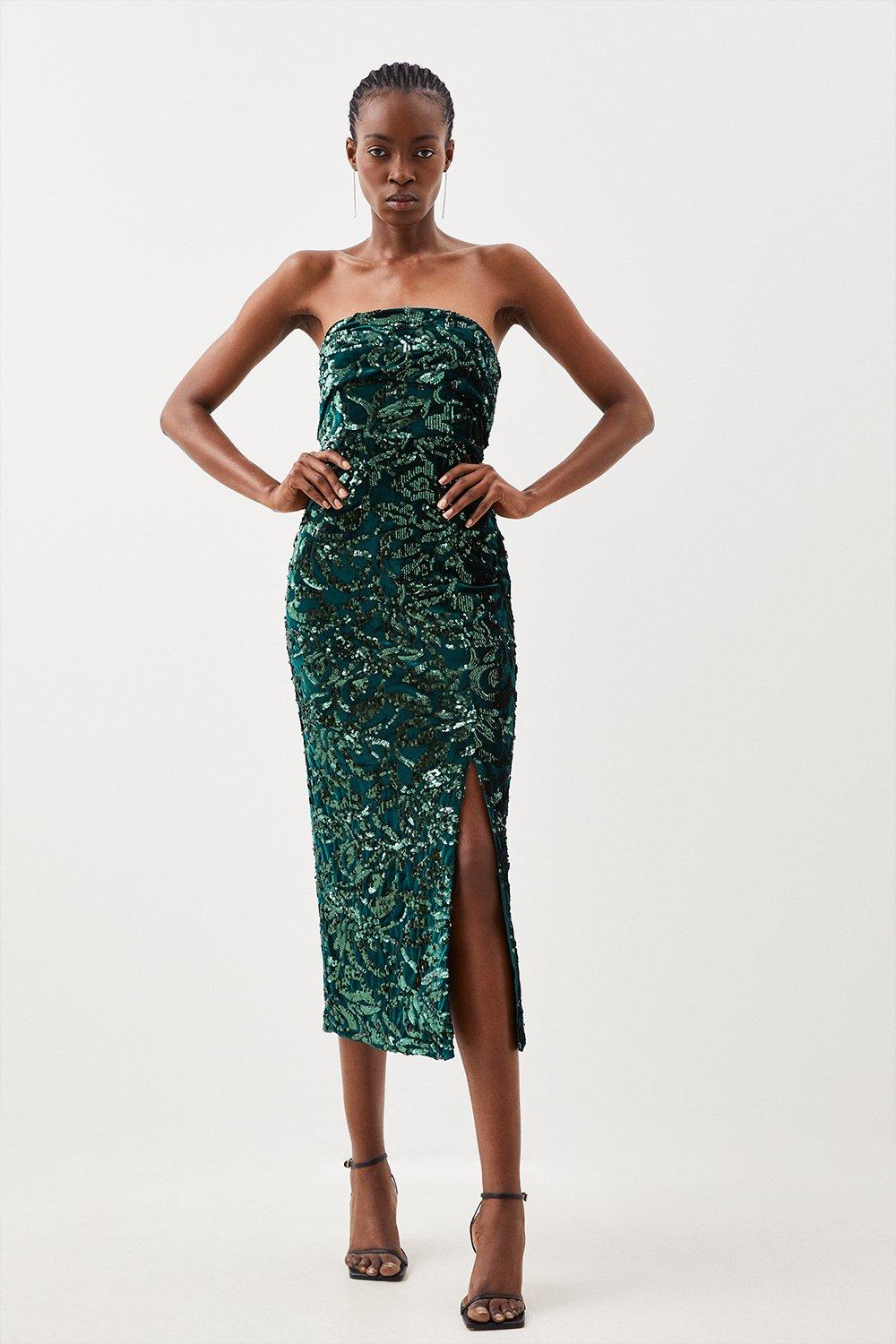 Petite Velvet Sequin Bandeau Woven Midi Dress