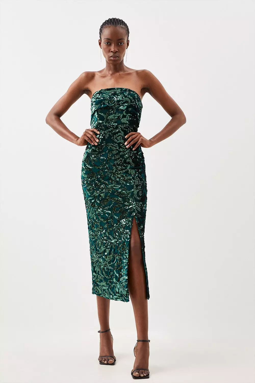 Petite Velvet Sequin Bandeau Woven Midi Dress | Karen Millen