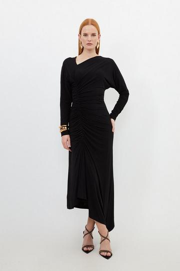 Jersey Crepe Ruched Long Sleeve Maxi Dress black