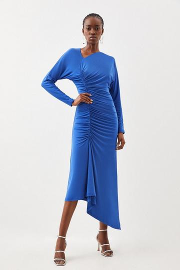 Cobalt Blue Jersey Crepe Ruched Long Sleeve Maxi Dress
