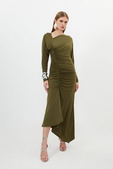 Khaki Jersey Crepe Ruched Long Sleeve Maxi Dress