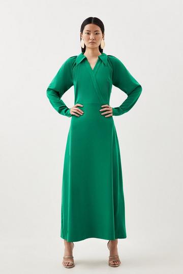 Green Jersey Crepe Batwing Long Sleeve Maxi Dress