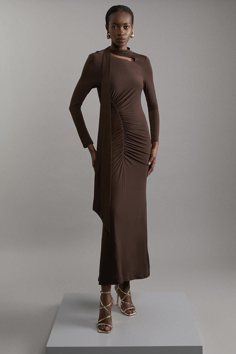 Jersey Crepe Ruched Tie Long Sleeve Maxi Dress - Brown