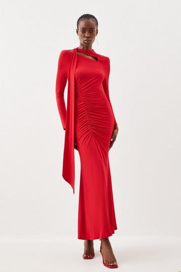 Jersey Crepe Ruched Tie Long Sleeve Maxi Dress red