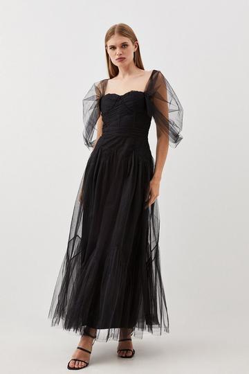 Black Tulle Corseted Woven Midi Dress
