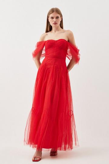 Red Tulle Corseted Woven Midi Dress