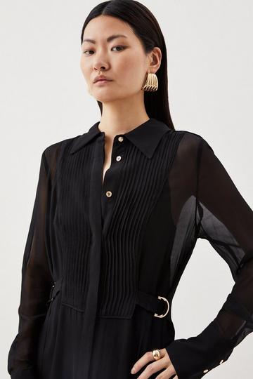 Viscose Pintuck Shirt Woven Midi Dress black