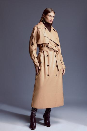 Faux Leather Tailored Belted Storm Flap Trench Coat camel