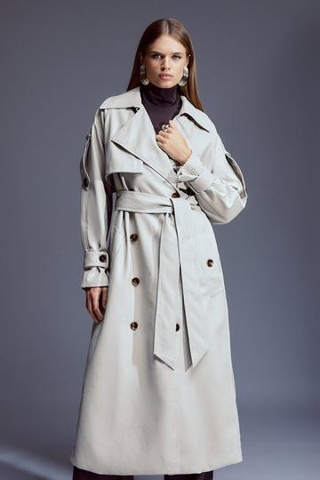 Faux Leather Tailored Belted Storm Flap Trench Coat stone