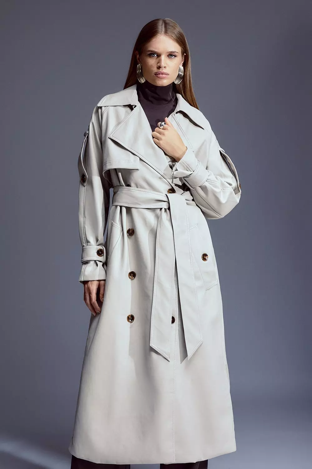 Stone Panel Detail Belted Trench Coat