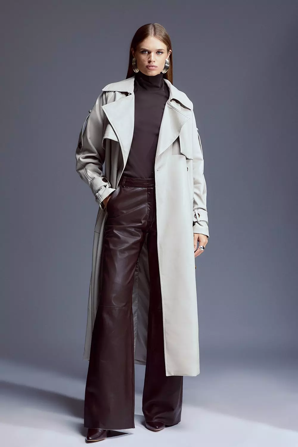 Tailored Faux Leather Belted Trench Coat