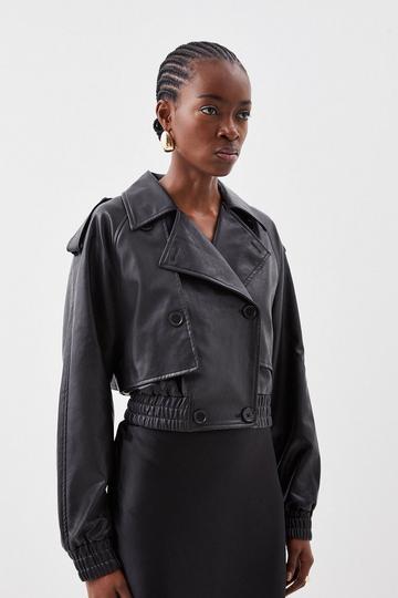 Faux Leather Tailored Bomber Mac Jacket black