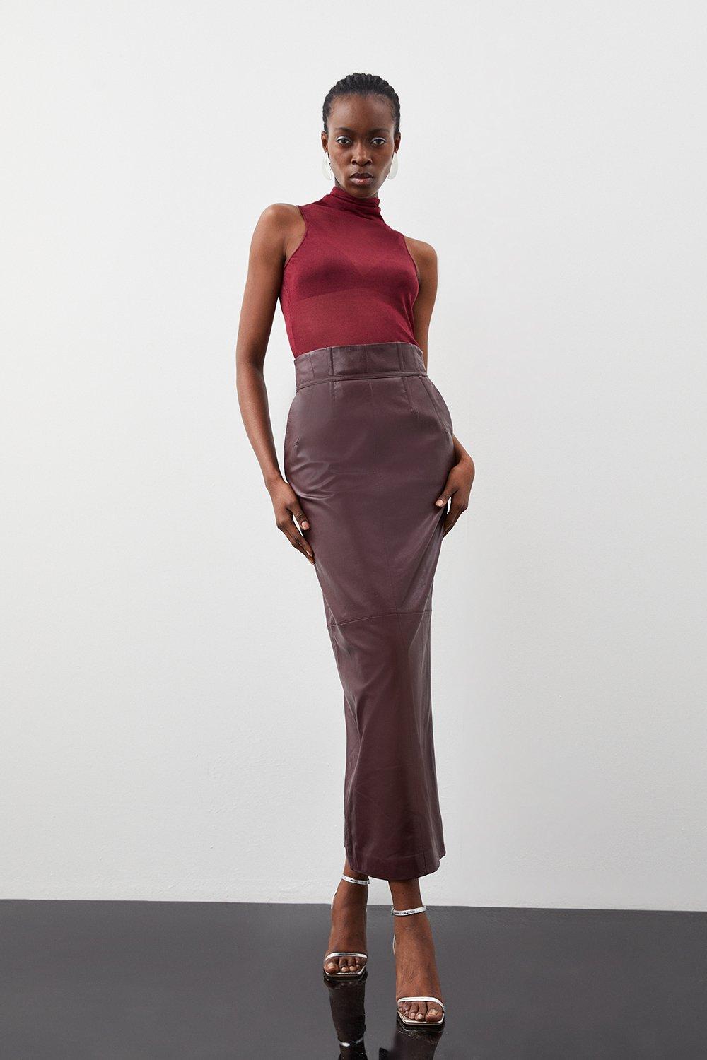 High waisted clearance leather skirt brown