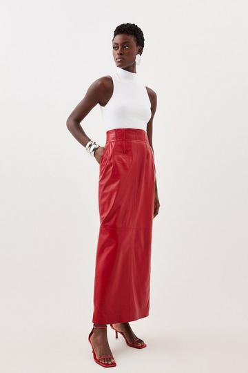 Red Leather Corset Detail High Waist Maxi Pencil Skirt