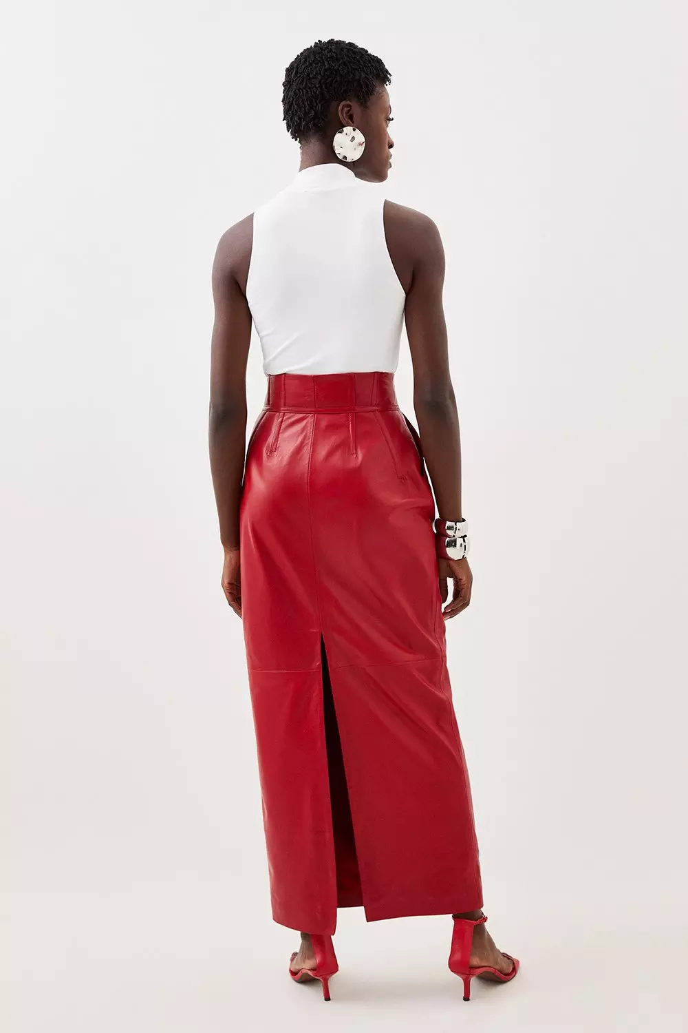 High waisted red deals leather skirt