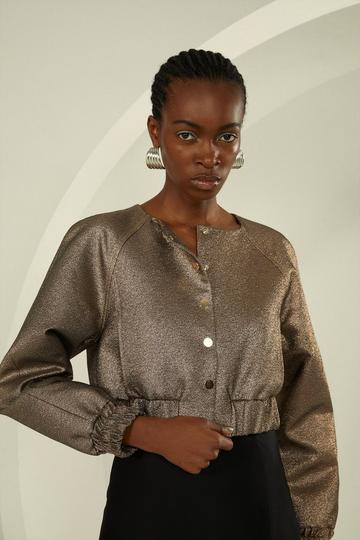 Tailored Metallic Cropped Bomber Jacket copper