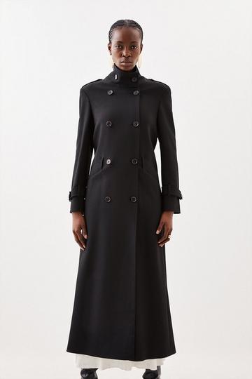 Compact Stretch Belted Double Breasted Maxi Tailored Coat black