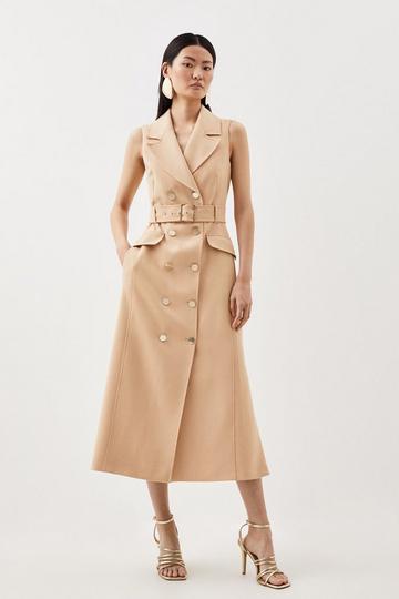 Tailored Compact Stretch Double Breasted Belted Midi Dress camel