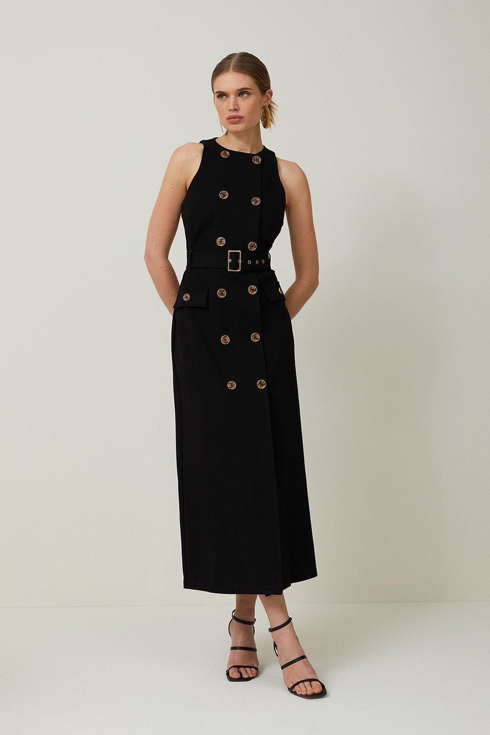 Ponte Button Detail Belted Midi Dress - Black