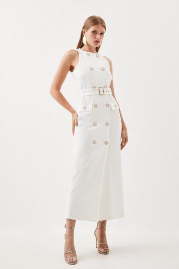Ponte Button Detail Belted Midi Dress ivory