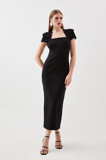 Black Ponte Cap Sleeve Column Maxi Dress