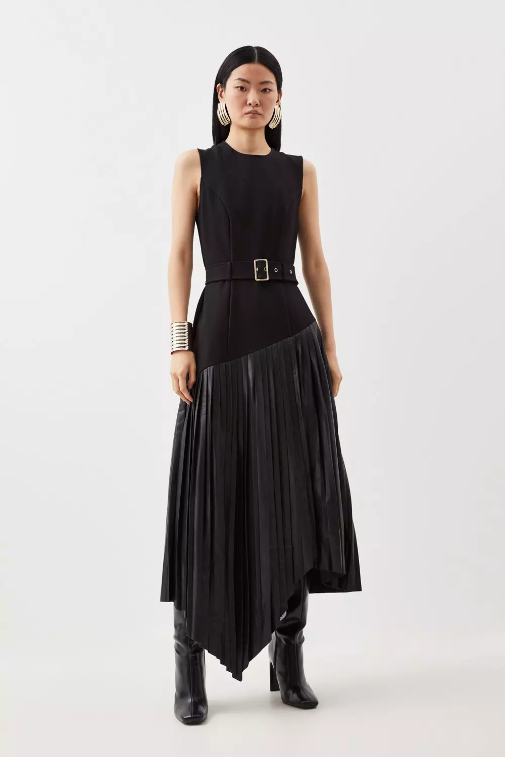 Ponte Pleated Waterfall Belted Midi Dress | Karen Millen