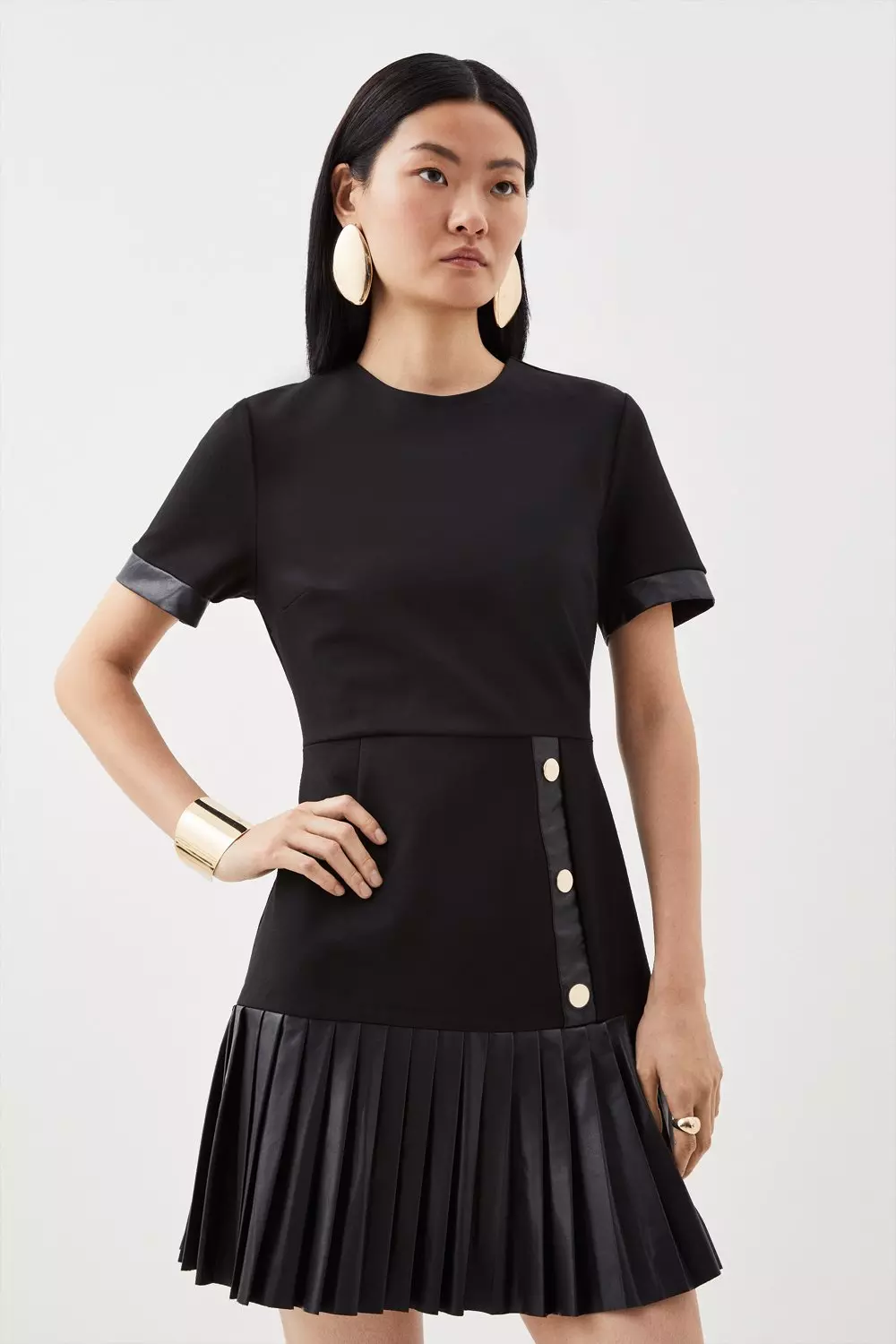 Ponte Pleated Hem Short Sleeve Keyhole Mini Dress Karen Millen