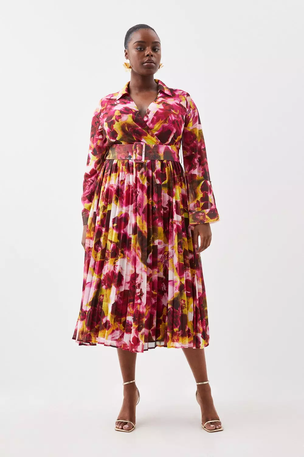 Plus Size Abstract Print Pleated Long Sleeve Maxi Dress Karen