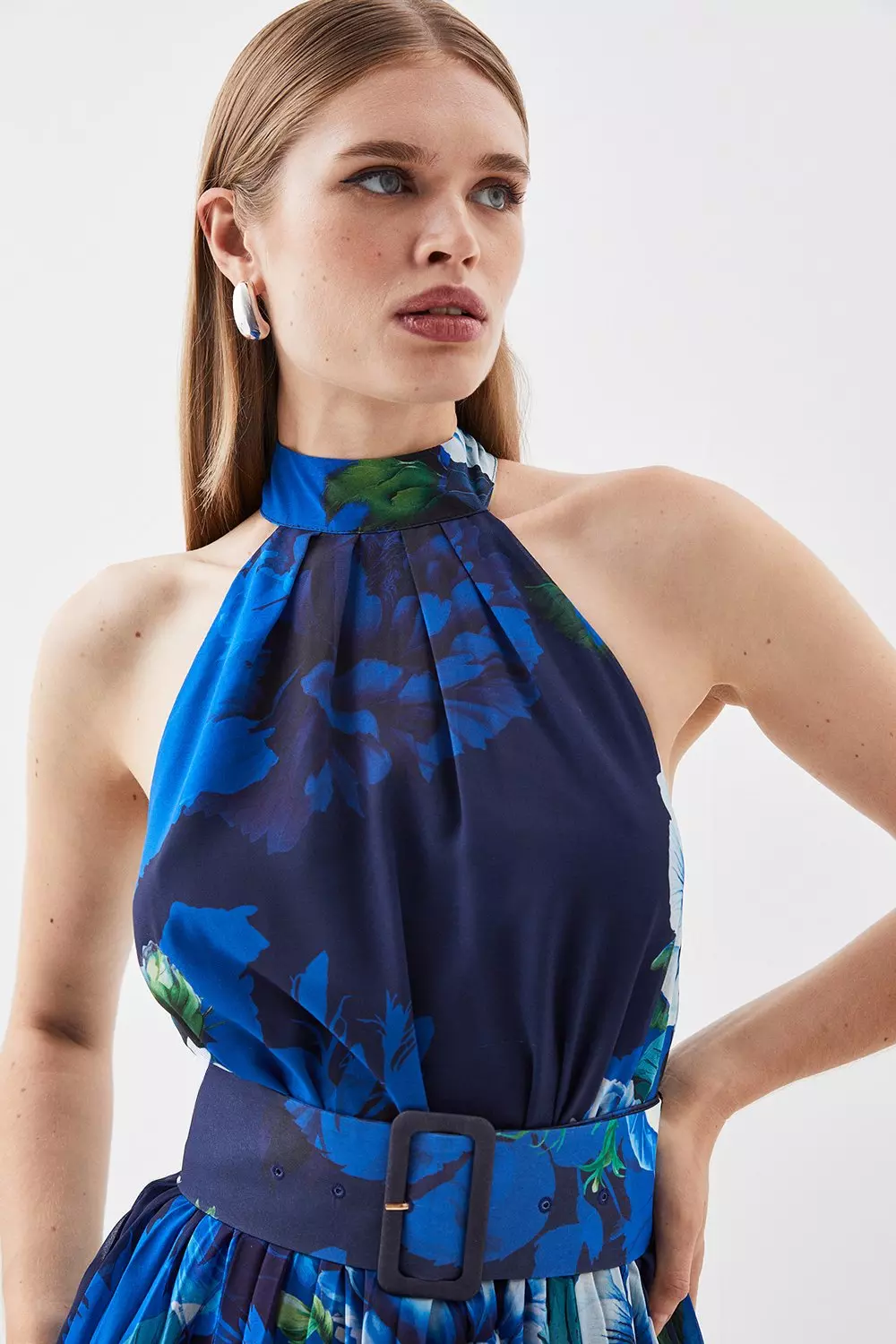Petite Rose Print Pleated Woven Maxi Dress | Karen Millen