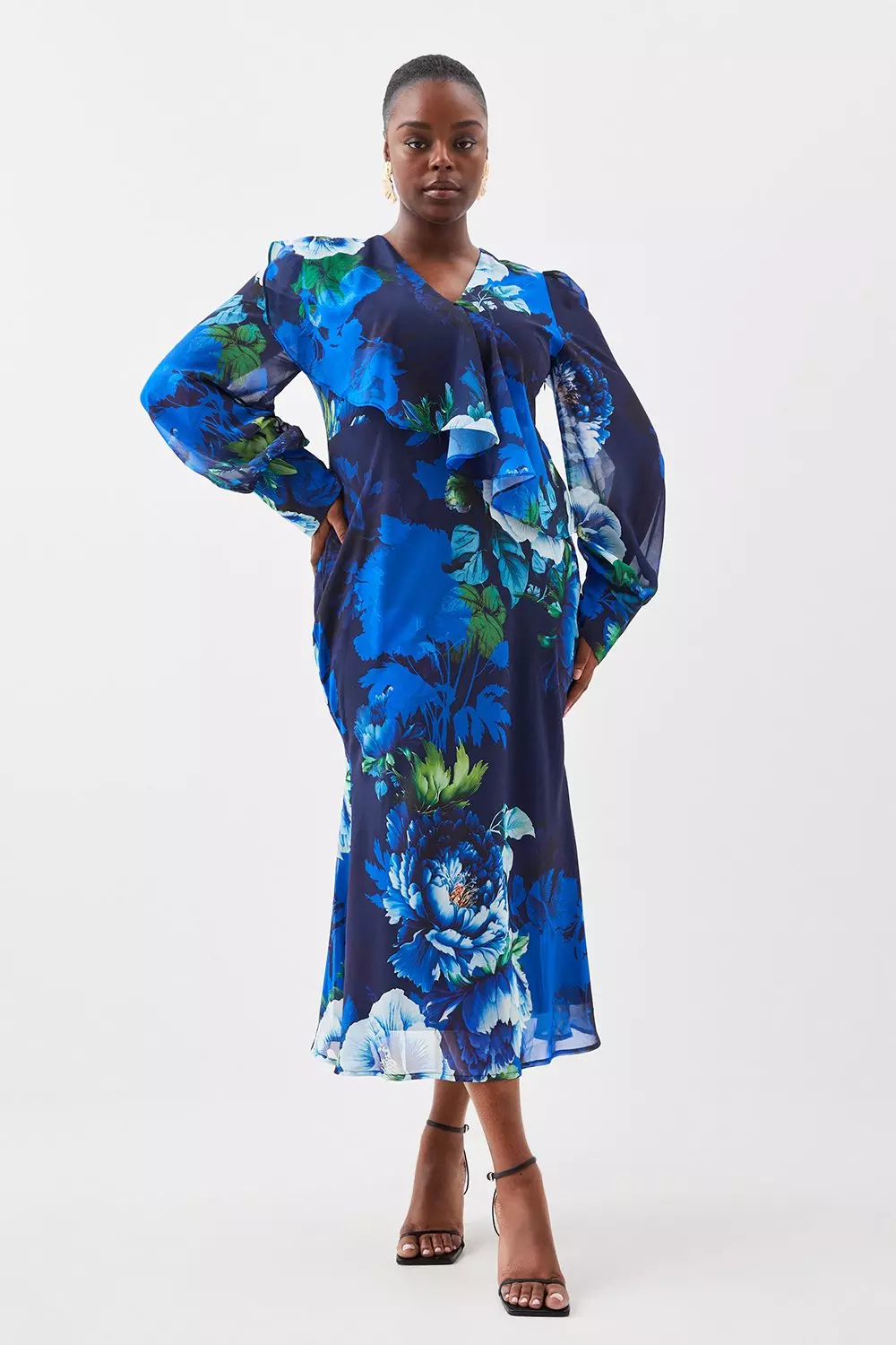 Plus Size Rose Print Ruffle Detail Long Sleeve Maxi Dress Karen