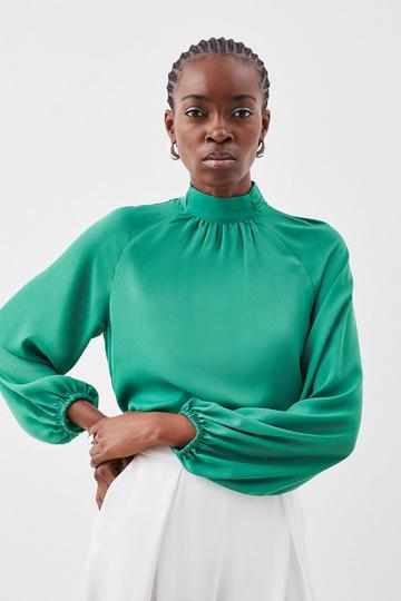Green Pleated Georgette High Neck Wide Sleeve Blouse