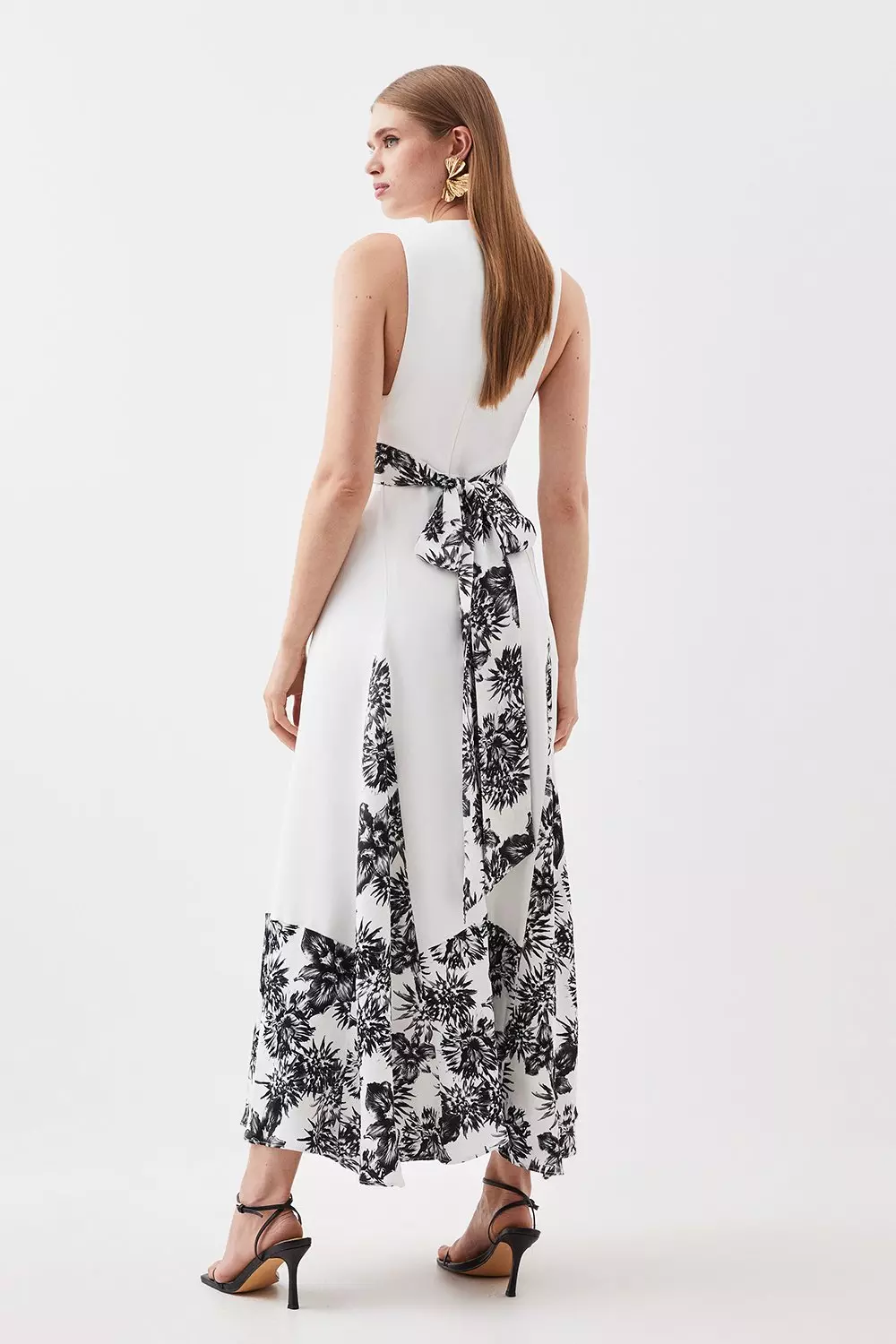 Satin Back Crepe Floral Blocking Pleated Maxi Dress | Karen Millen