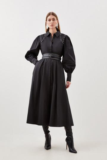 Cotton Eyelet Belted Long Sleeve woven Maxi Dress black
