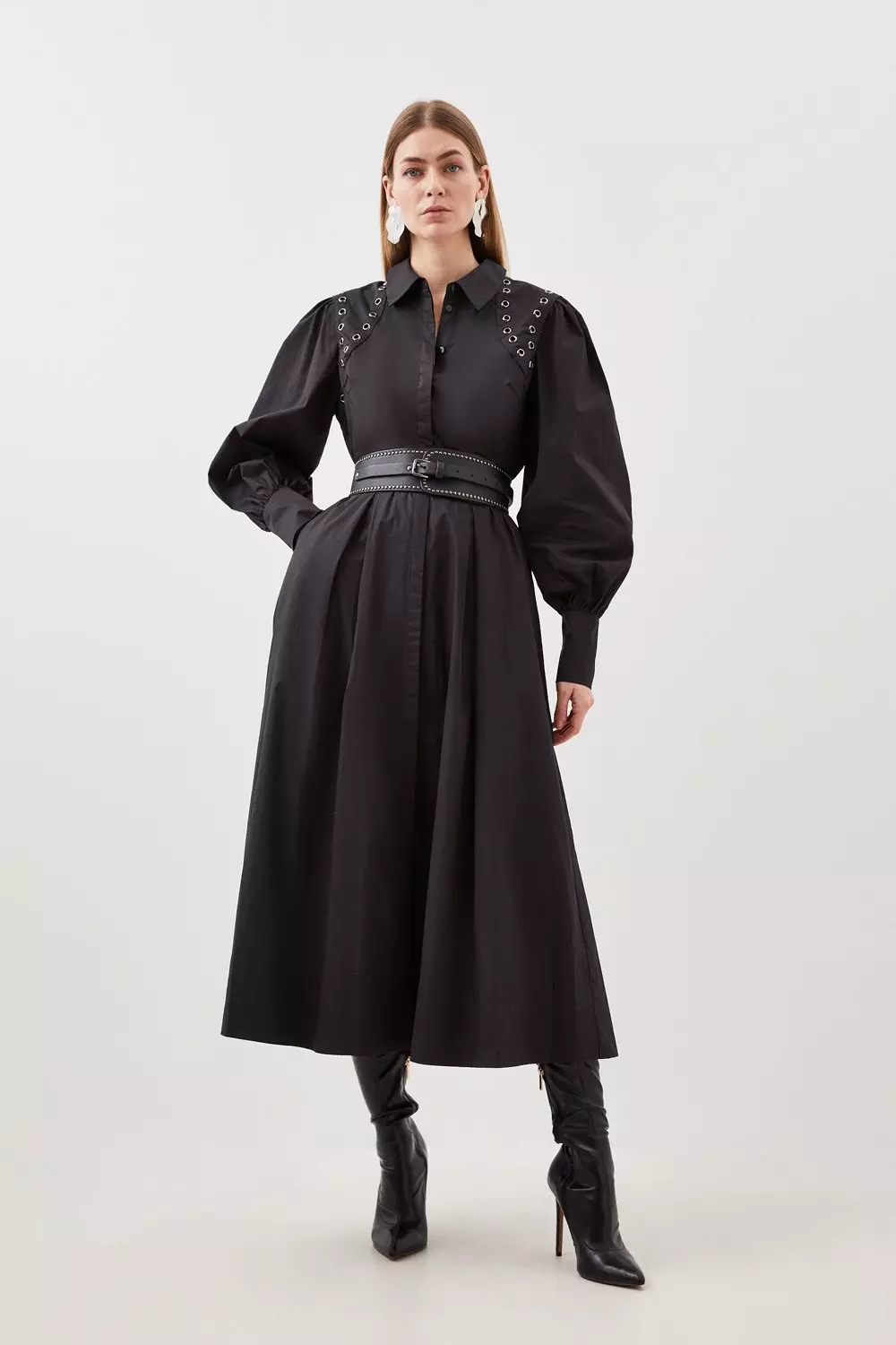 Belted long clearance sleeve maxi dress