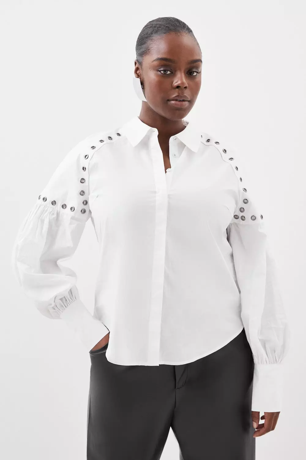 Plus Size Cotton Eyelet Long Sleeve Woven Shirt