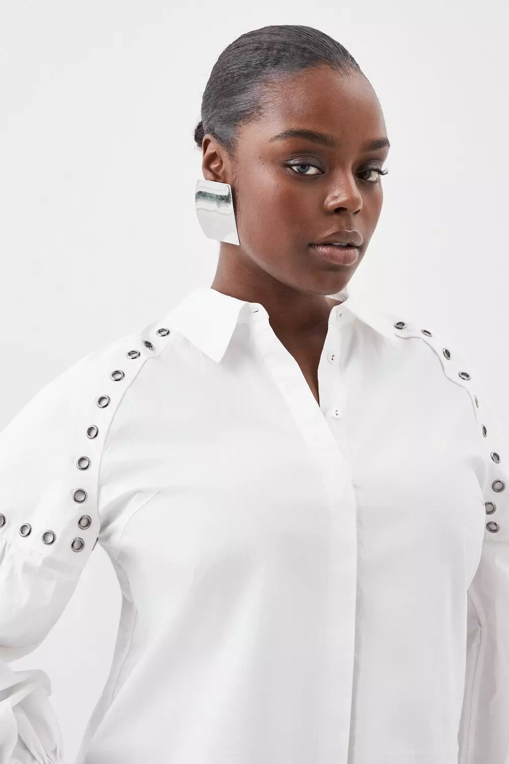 Plus Size Cotton Eyelet Long Sleeve Woven Shirt | Karen Millen