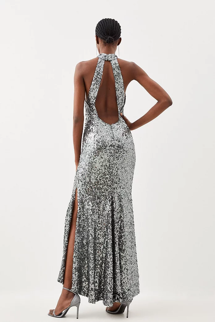 No Paparazzi Please Silver Sequin Sleeveless One Shoulder Backless High  Slit Drape Maxi Dress – Indie XO