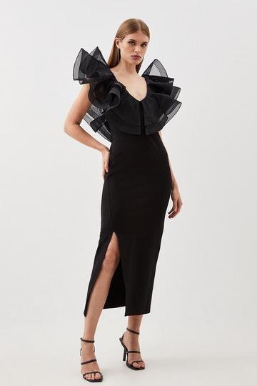 Black Ponte And Organza Frill Split Detail Maxi Dress