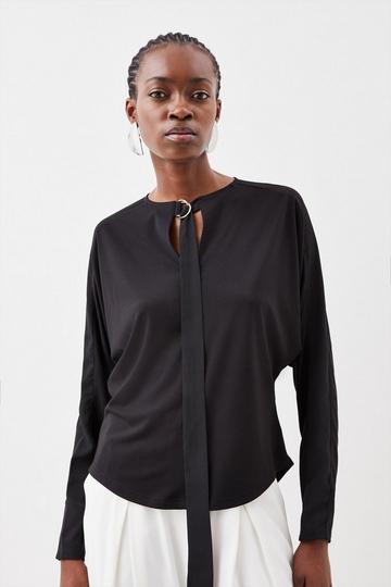 Black Jersey And Georgette Mix Keyhole Long Sleeve Top