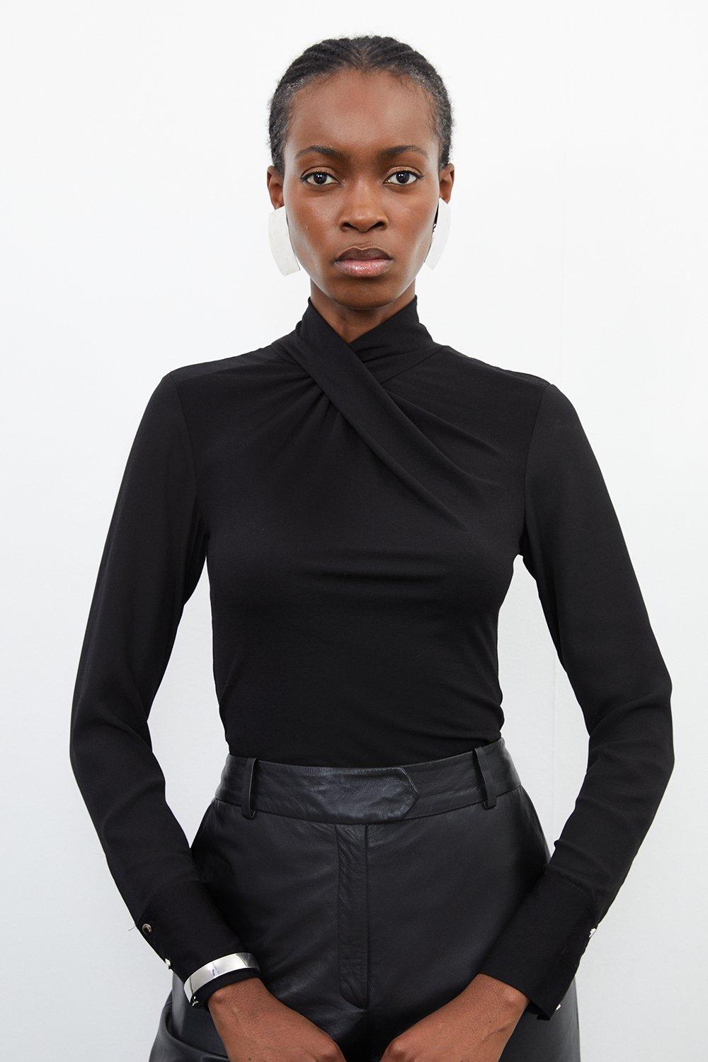Jersey And Georgette Mix High Neck Top - Black