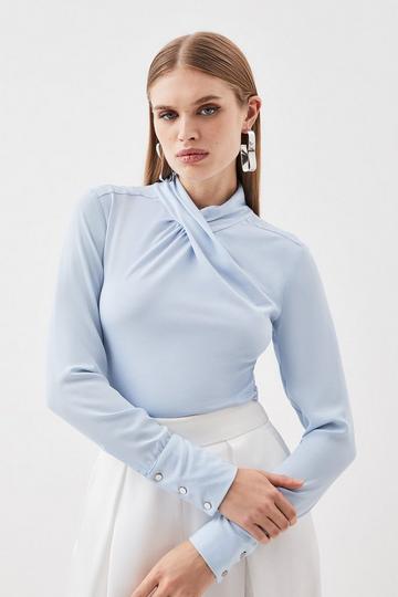 Blue Jersey And Georgette Mix High Neck Top