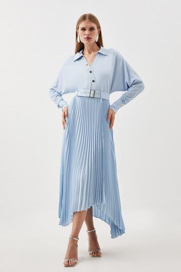 Blue Jersey And Georgette Mix Belted Pleat Midi Dress